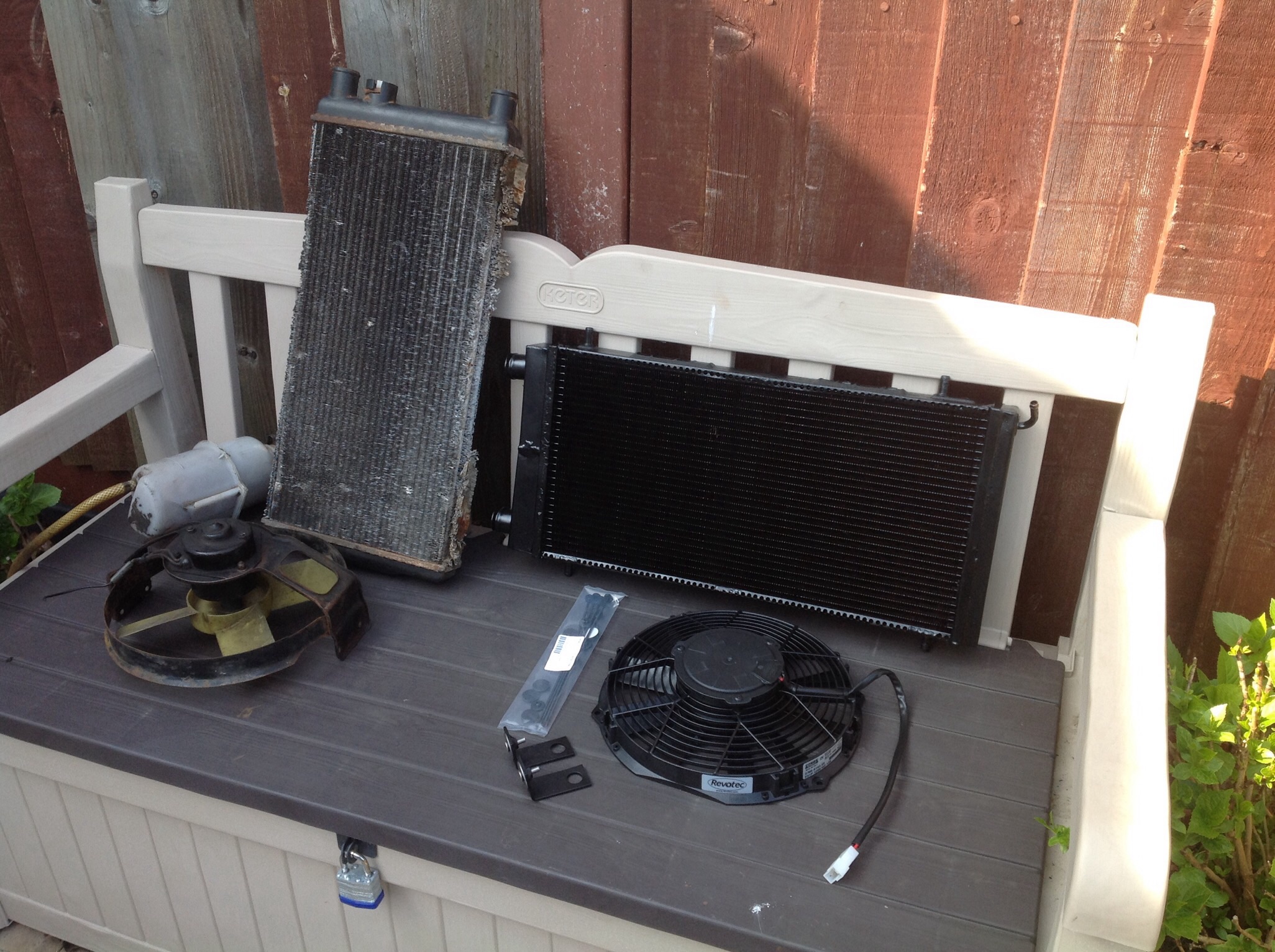 Old Rad and fan,new Rad and Revotec fan for mk2,old stuff out, and new stuff to go in